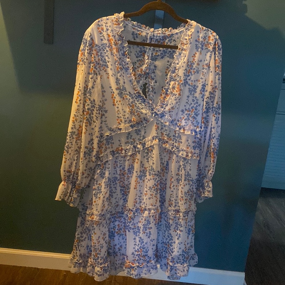 Beautiful long sleeve, floral dress with an open back.